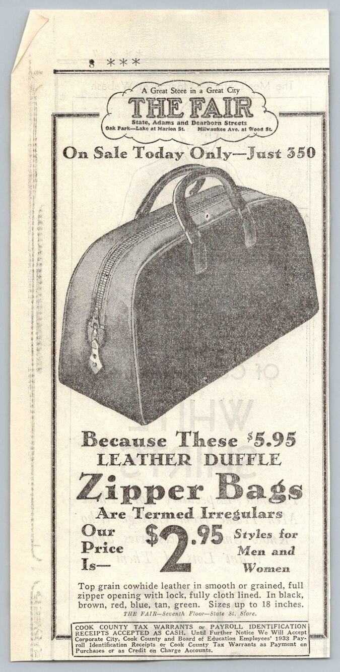 1930s Chicago The Fair Department Store Leather Duffle Bag Newspaper Ad Ephemera